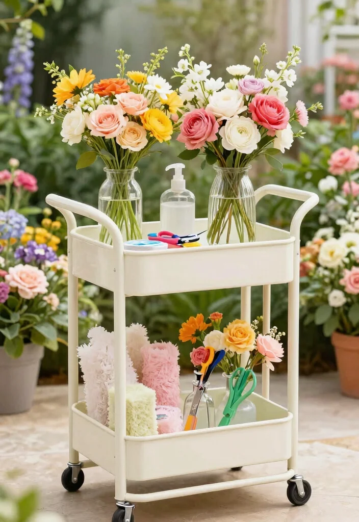 11 Best Ways to Style a 3 Tier Utility Cart With Items 7. Floral Arrangement Station 0