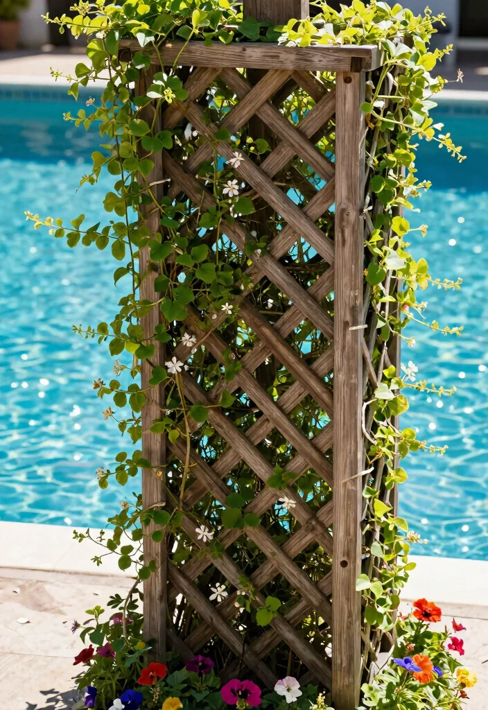 11 Smart Pool Filter Cover Ideas to Blend with Landscaping 1. Wooden Lattice Cover for Natural Charm 0