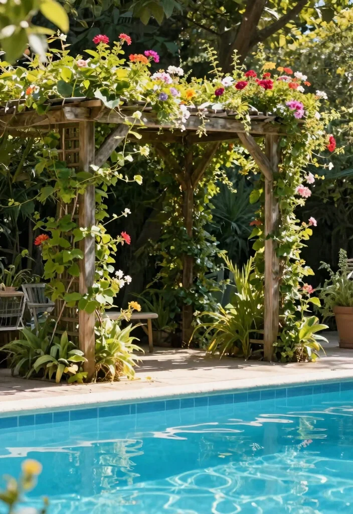 11 Smart Pool Filter Cover Ideas to Blend with Landscaping 10. Trellis Cover with Climbing Plants 0