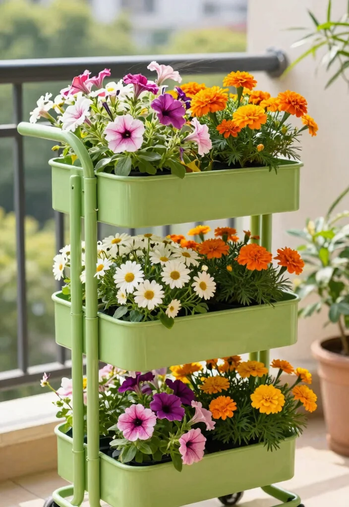 11 Space Saving 3 Tier Utility Cart Ideas for Urban Gardening 2. Vertical Flower Display 0
