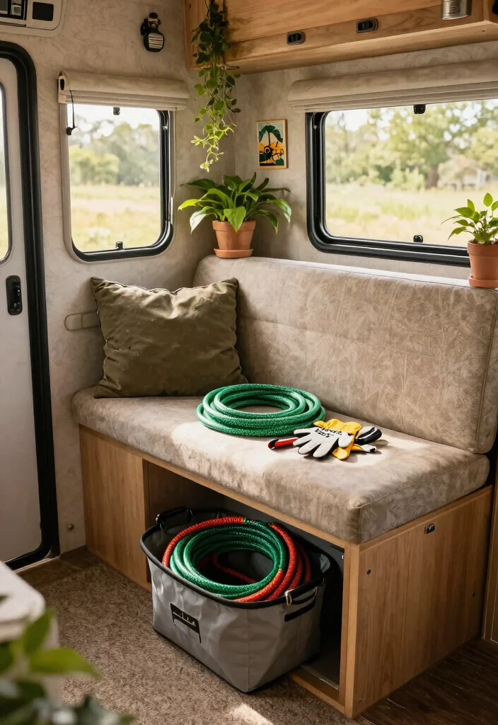 13 Best RV Hose Storage Ideas for Camper Life 3. Under Bench Hose Storage 0