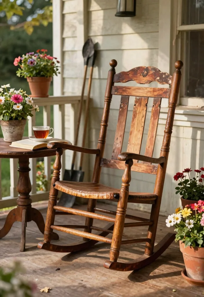 13 Cozy Rocking Chair Patio Ideas for Front Porches 1. Vintage Charm with Weathered Rocking Chairs 0