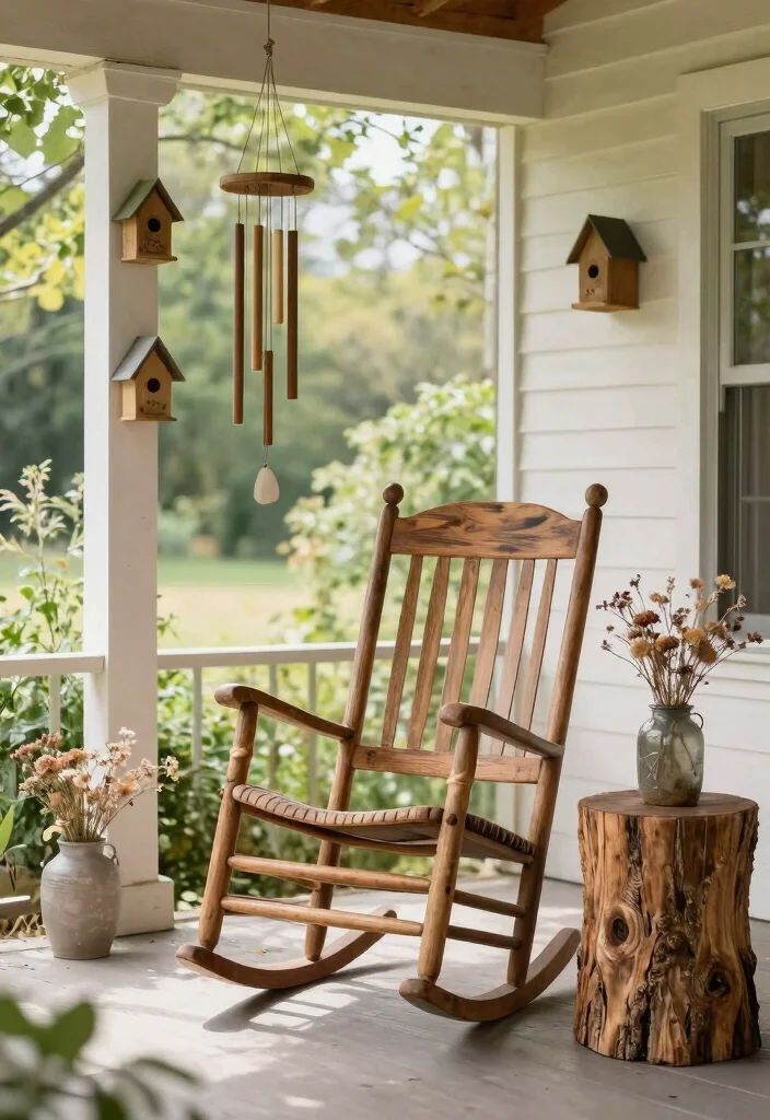 13 Cozy Rocking Chair Patio Ideas for Front Porches 12. Rustic Rocking Chairs with Nature Inspired Accessories 0