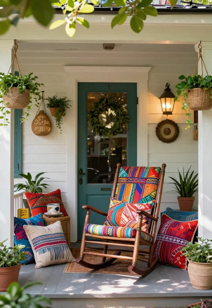 13 Cozy Rocking Chair Patio Ideas for Front Porches 4. Bohemian Vibes with Colorful Patterns 0
