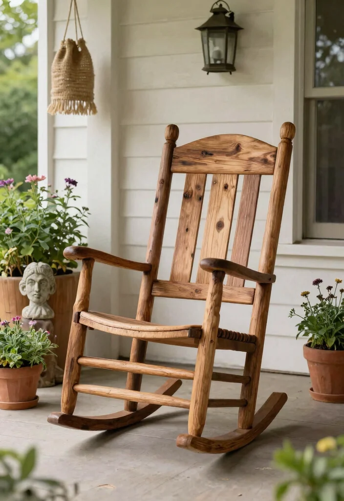 13 Cozy Rocking Chair Patio Ideas for Front Porches 5. Rustic Wood Accents with Nature 0
