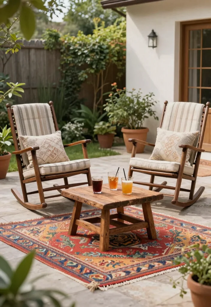 13 Cozy Rocking Chair Patio Ideas for Front Porches 9. Pairing Rocking Chairs with Garden Furniture 0