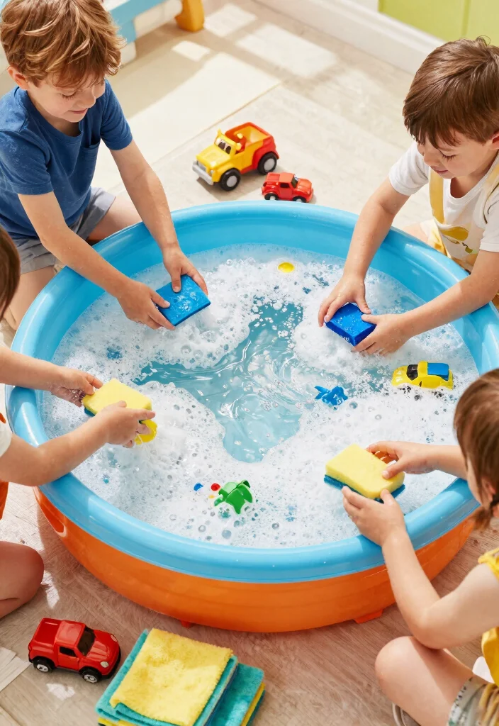 13 Easy Kiddie Pool Sensory Activities for Toddlers 10. Outdoor Miniature Car Wash 0