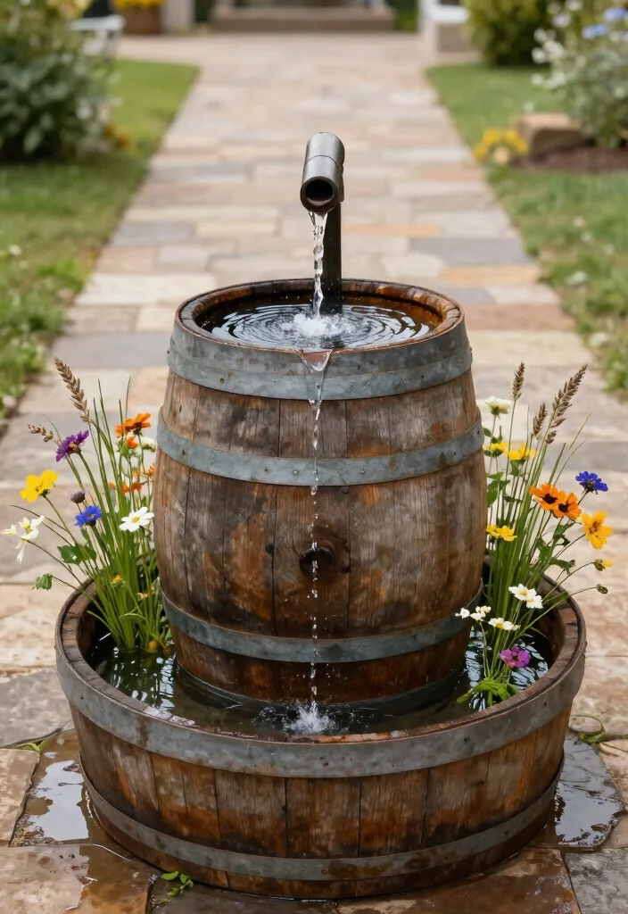 13 Elegant Outdoor Wall Fountain Ideas for Courtyards 10. Rustic Barrel Fountain 0