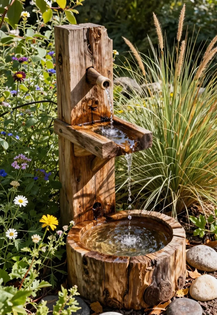 13 Elegant Outdoor Wall Fountain Ideas for Courtyards 2. Rustic Wooden Fountain 0