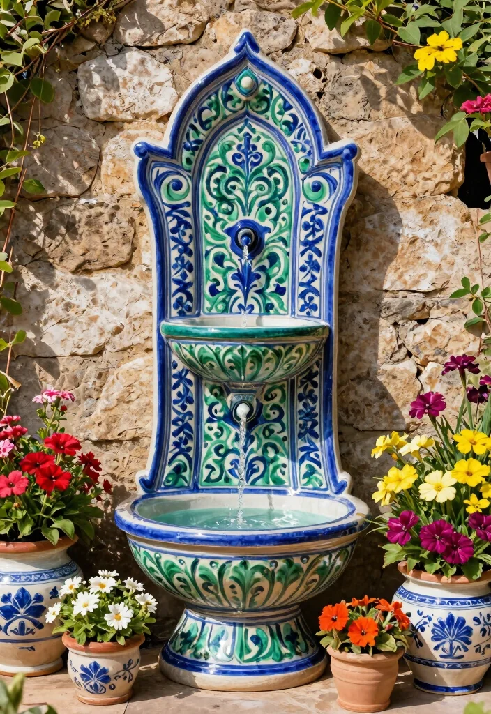 13 Elegant Outdoor Wall Fountain Ideas for Courtyards 3. Ceramic Wall Fountain 0