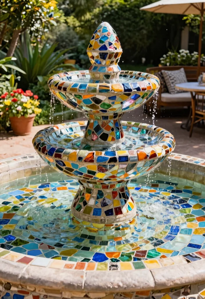 13 Elegant Outdoor Wall Fountain Ideas for Courtyards 8. Artistic Mosaic Fountain 0