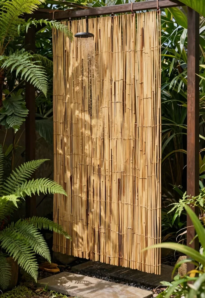 13 Lush Outdoor Shower Drapery Ideas Tropical Vibe 1. Bamboo Bliss 0