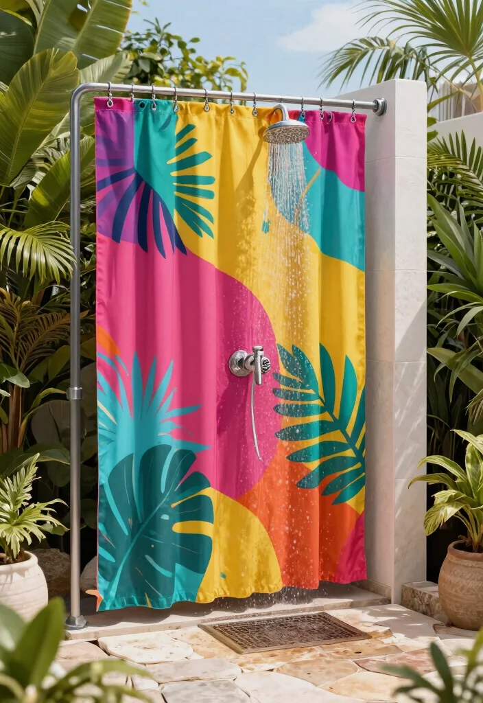 13 Lush Outdoor Shower Drapery Ideas Tropical Vibe 10. Customizable Vinyl Graphics 0