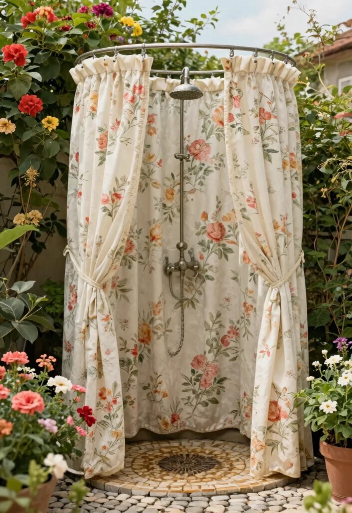 13 Lush Outdoor Shower Drapery Ideas Tropical Vibe 11. Vintage Charm 0