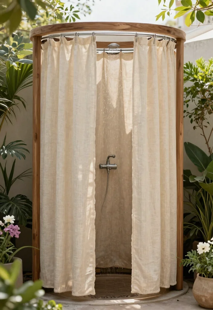 13 Lush Outdoor Shower Drapery Ideas Tropical Vibe 12. Eco Friendly Fabrics 0