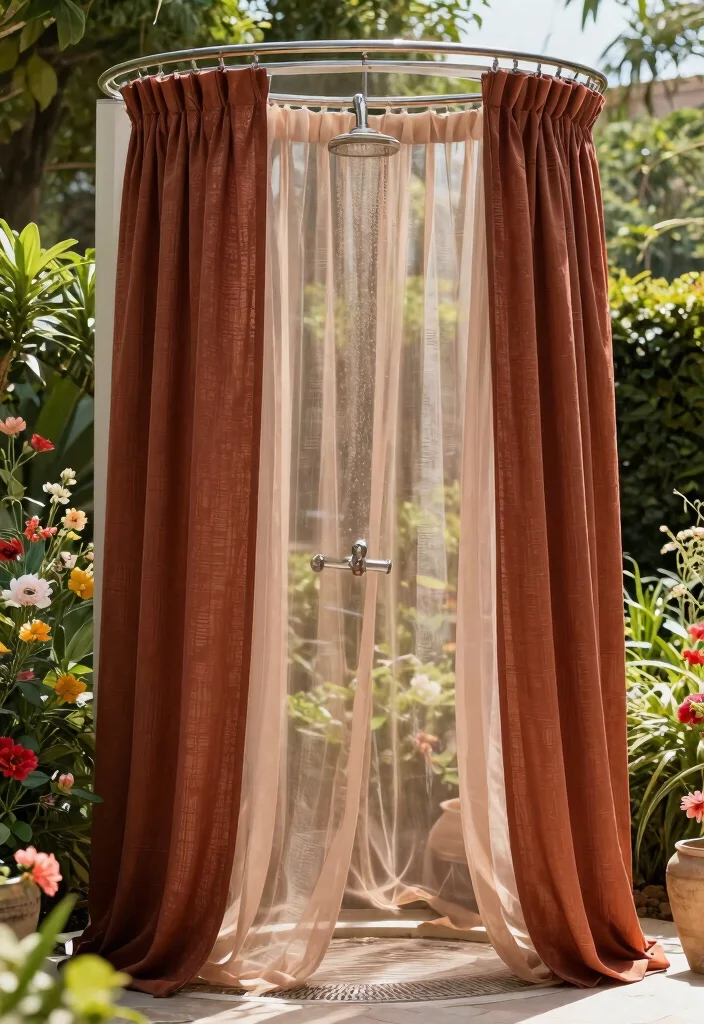 13 Lush Outdoor Shower Drapery Ideas Tropical Vibe 13. Layered Textures 0