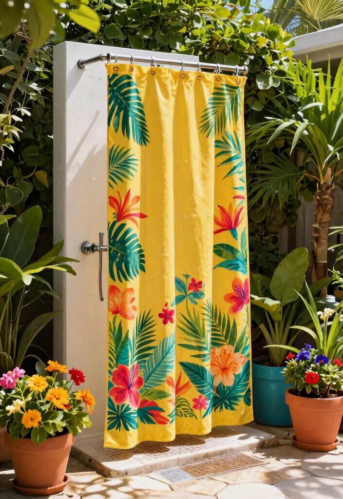 13 Lush Outdoor Shower Drapery Ideas Tropical Vibe 2. Colorful Canvas 0