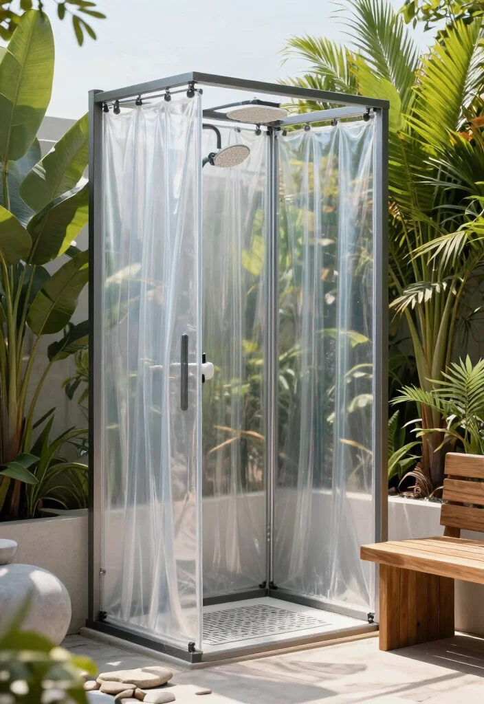 13 Lush Outdoor Shower Drapery Ideas Tropical Vibe 4. Transparent Elegance 0