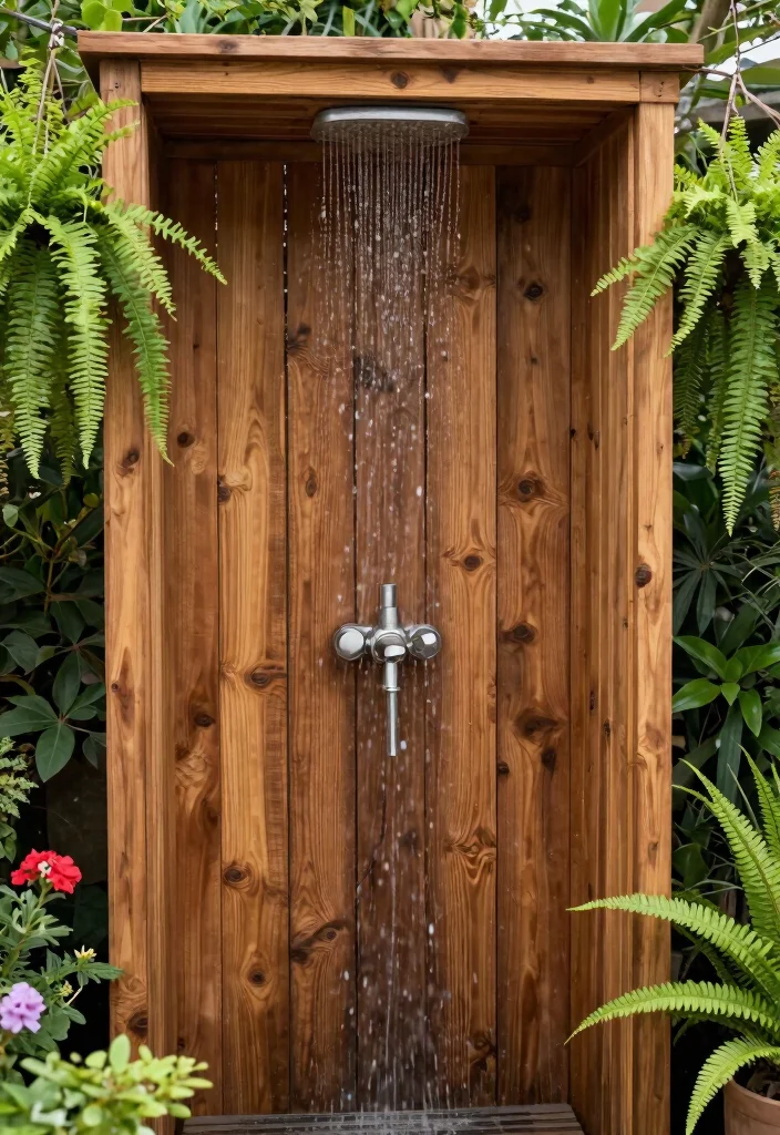 13 Lush Outdoor Shower Drapery Ideas Tropical Vibe 6. Rustic Wooden Slats 0