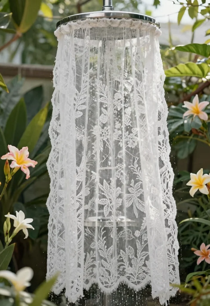 13 Lush Outdoor Shower Drapery Ideas Tropical Vibe 7. Elegant Lace 0