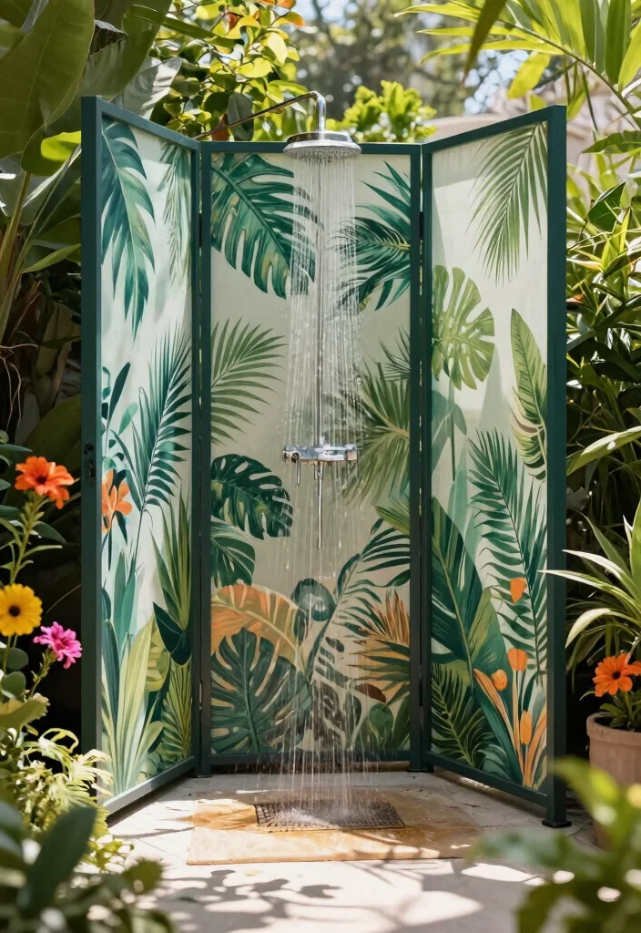 13 Lush Outdoor Shower Drapery Ideas Tropical Vibe 8. Stylish Screen Panels 0