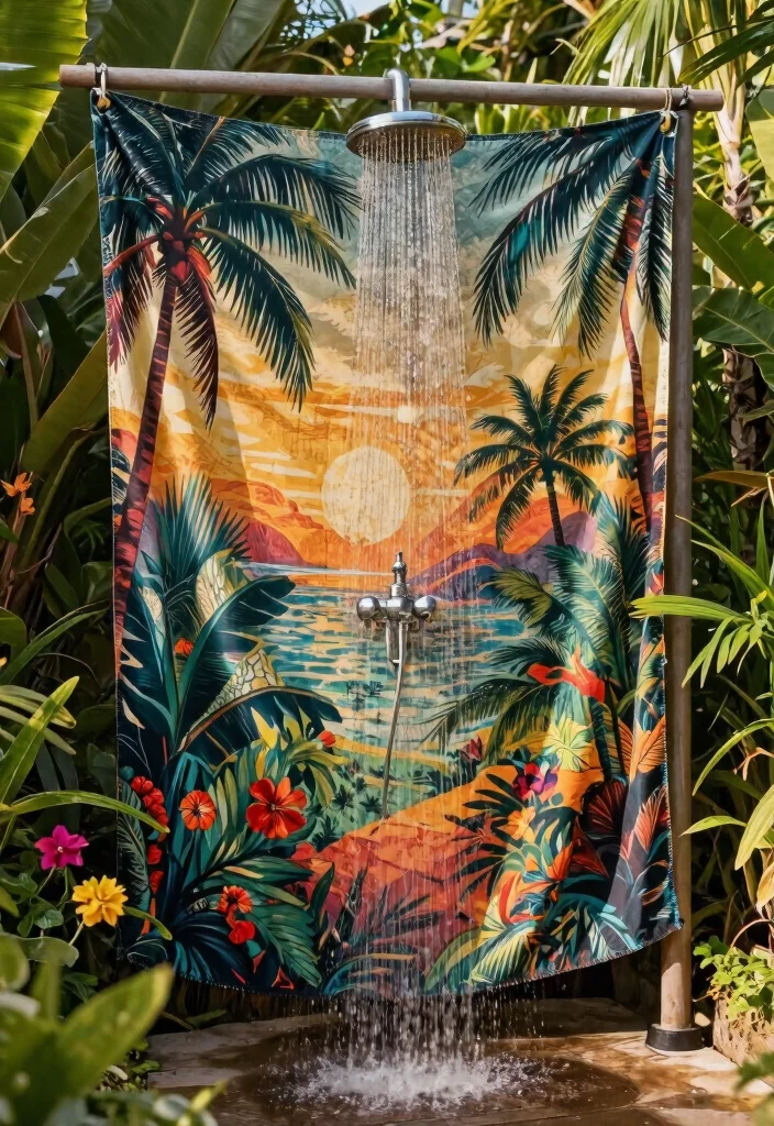 13 Lush Outdoor Shower Drapery Ideas Tropical Vibe 9. Artistic Tapestries 0