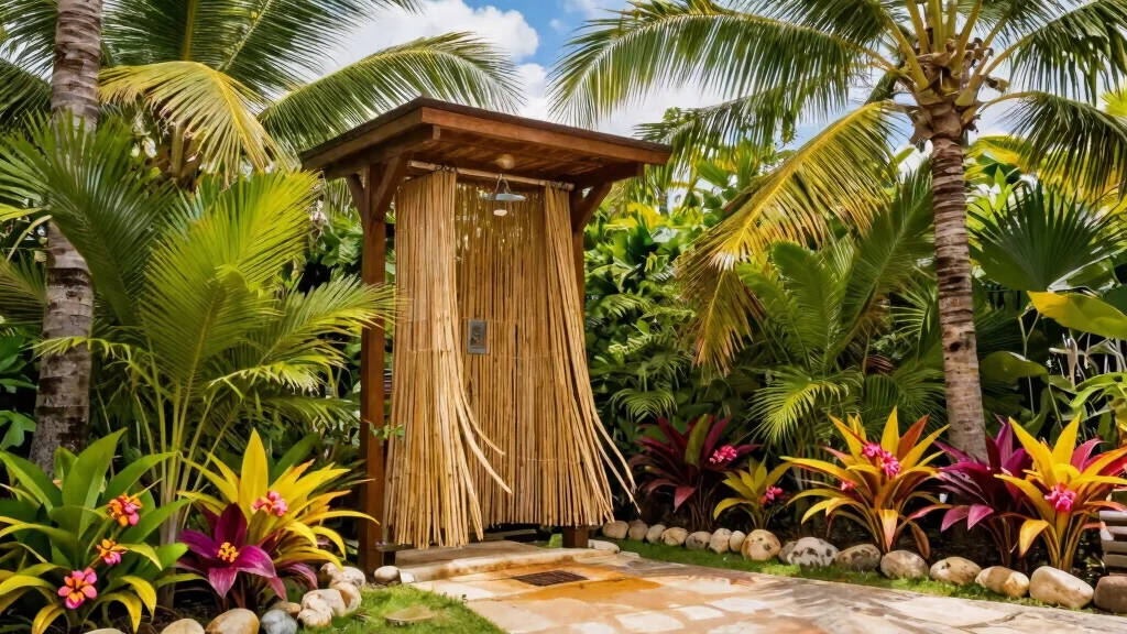 13 Lush Outdoor Shower Drapery Ideas [Tropical Vibe]