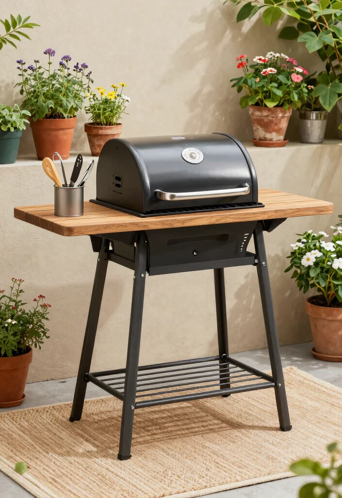 13 Rustic Outdoor Grill Table with Wooden Top Designs 2. Compact Barbecue Station 0