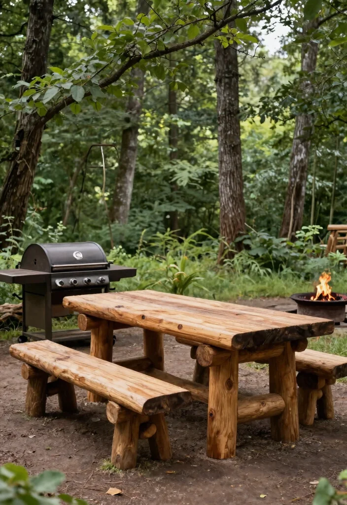 13 Rustic Outdoor Grill Table with Wooden Top Designs 6. Rustic Log Cabin Table 0