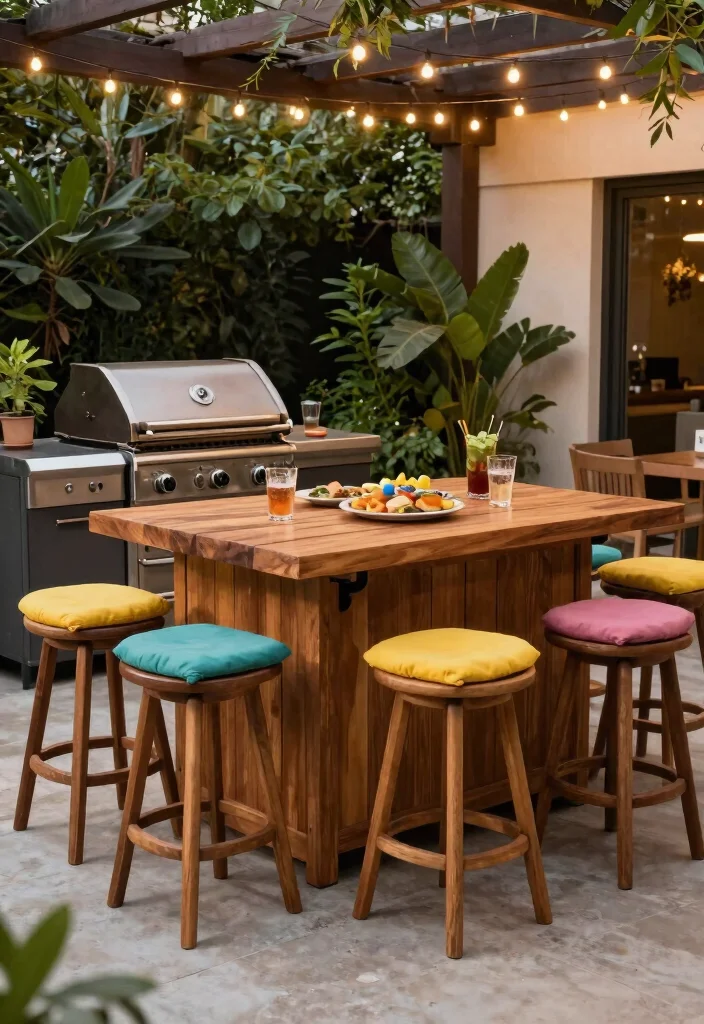 13 Rustic Outdoor Grill Table with Wooden Top Designs 8. Wooden Island with Bar Stools 0