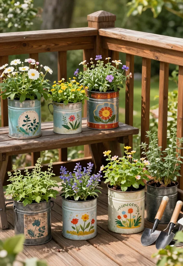 15 Beautiful Deck Railing Flower Box Ideas Lush Blooms 7. Vintage Metal Tins 0