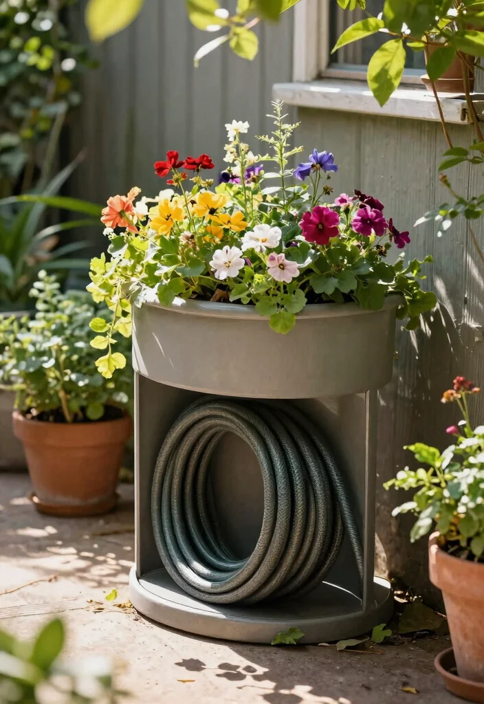 15 Best Hose Storage Ideas for a Clean Backyard 3 15 Best Hose Storage Ideas for a Clean Backyard 3. Planter Hose Storage 0