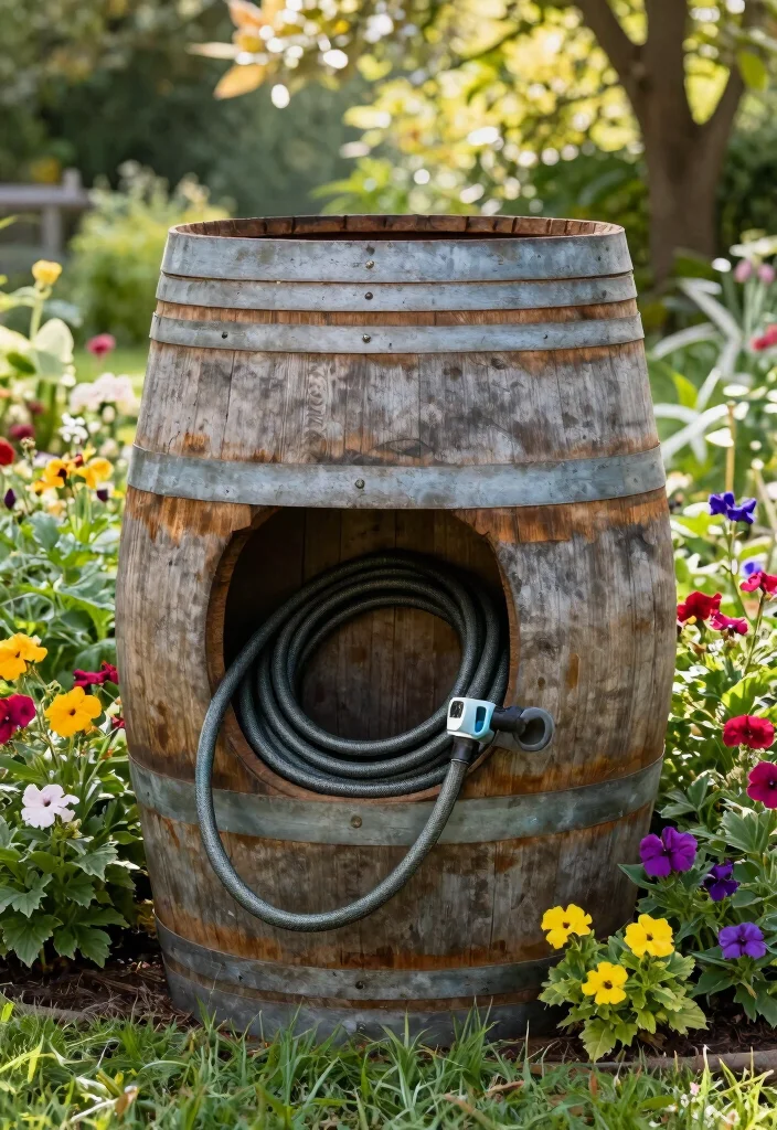 15 Best Hose Storage Ideas for a Clean Backyard 7 15 Best Hose Storage Ideas for a Clean Backyard 7. Upcycled Wine Barrel Hose Storage 0