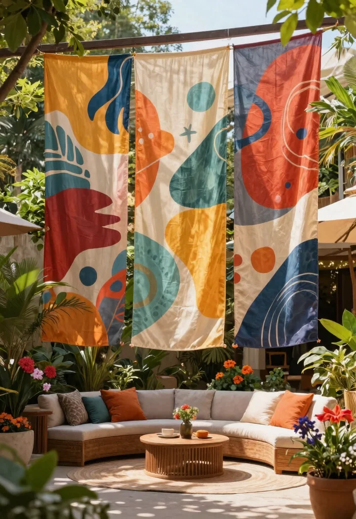 15 Best Outdoor Privacy Curtain Ideas to Hide Neighbors 13. Artistic Fabric Panels 0