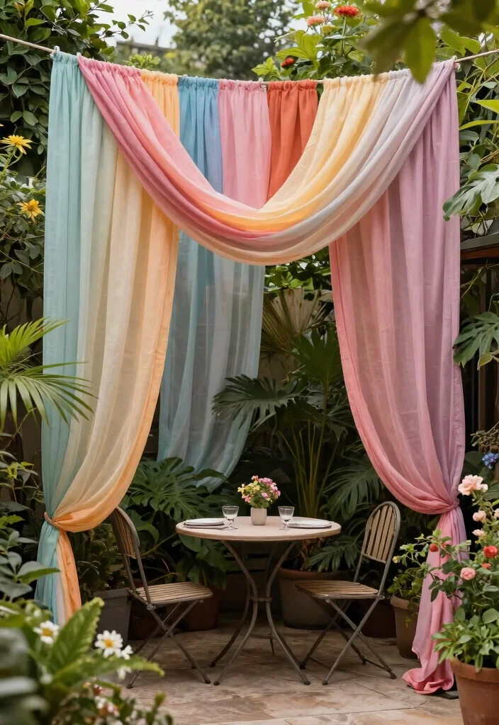 15 Best Outdoor Privacy Curtain Ideas to Hide Neighbors 5. Outdoor Tension Rods with Fabric 0
