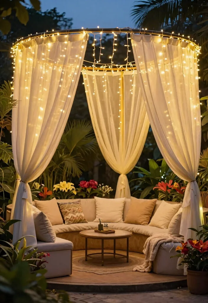 15 Best Outdoor Privacy Curtain Ideas to Hide Neighbors 9. Outdoor Fairy Lights and Drapes 0