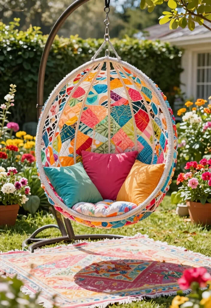 15 Dreamy Hanging Chair Patio Ideas Boho Sanctuary 5. Colorful Quilted Bliss 0