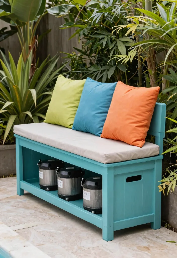 15 Genius Pool Filter Enclosure Ideas Hide the Equipment 10. Clever Storage Bench 0
