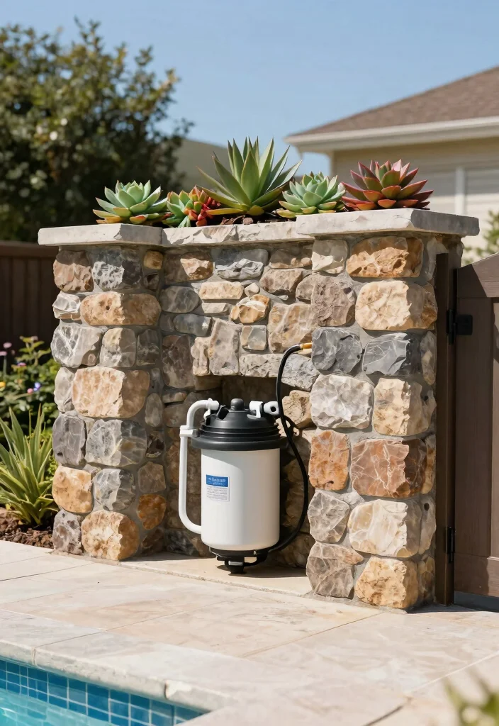 15 Genius Pool Filter Enclosure Ideas Hide the Equipment 3. Chic Stone Wall 0