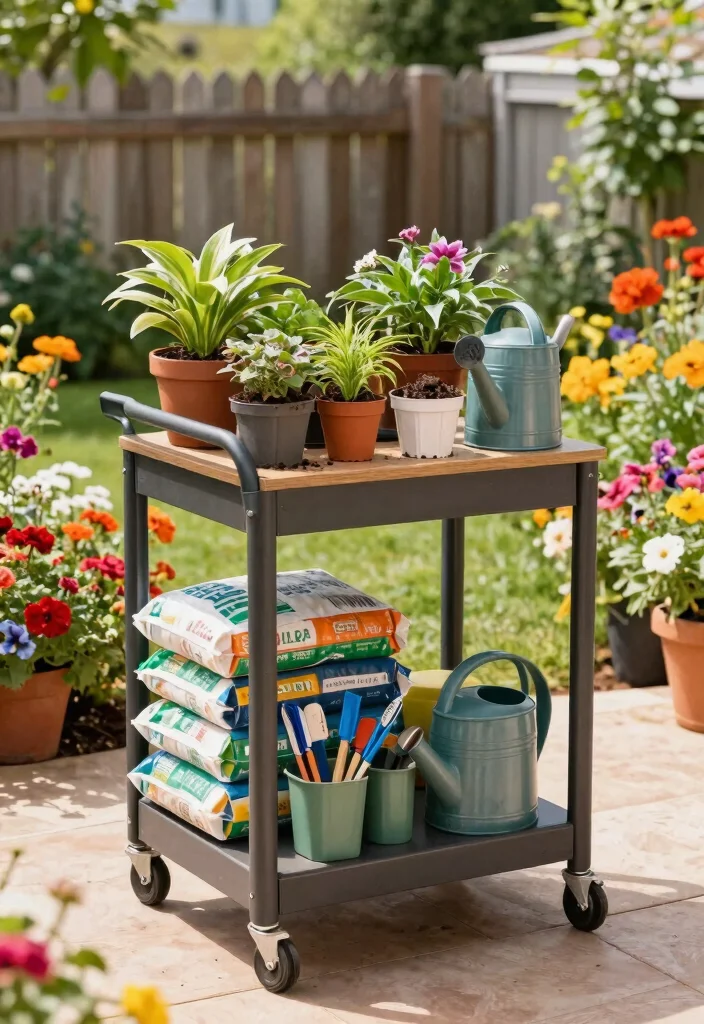 15 Genius Utility Cart Organization Ideas Must Try 3. Potting Station on Wheels 0