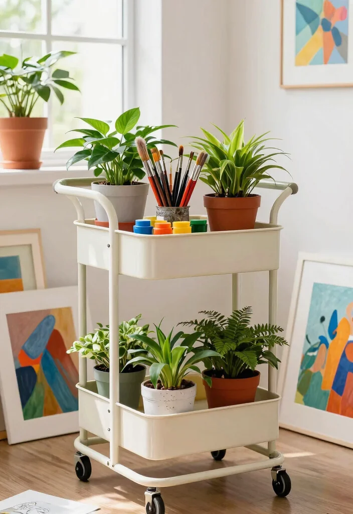 17 Practical Utility Cart Storage Ideas for Small Apartments 16 17 Practical Utility Cart Storage Ideas for Small Apartments 16. Art Supplies and Plant Combo 0
