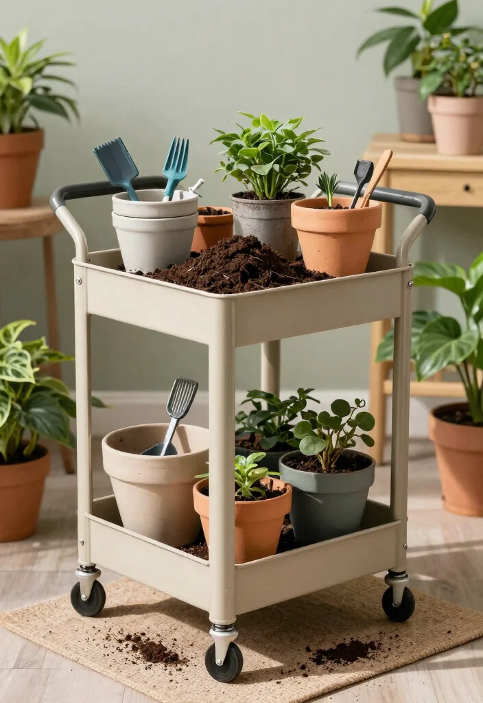 17 Practical Utility Cart Storage Ideas for Small Apartments 7 17 Practical Utility Cart Storage Ideas for Small Apartments 7. Potting Station on Wheels 0