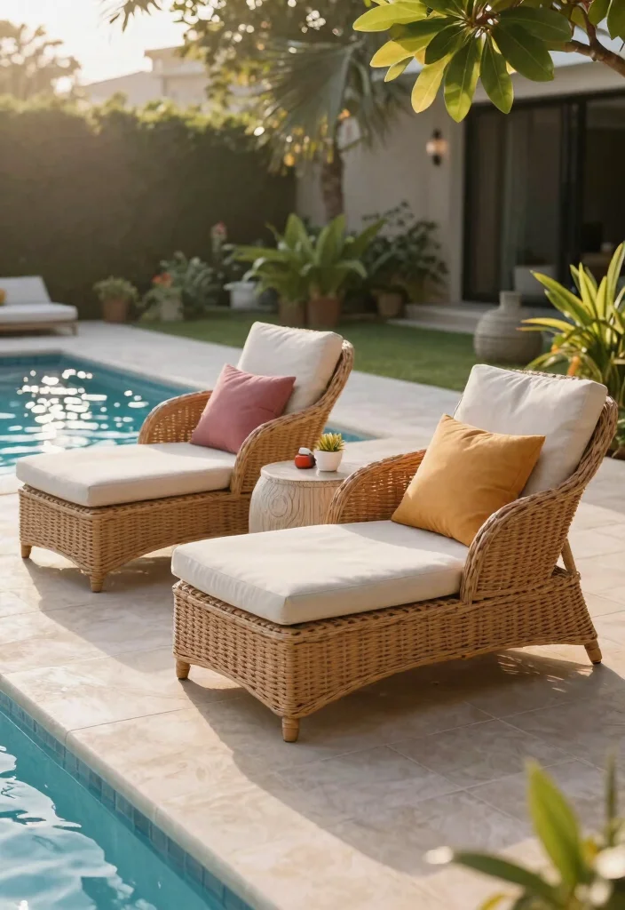 17 Relaxing Patio Lounge Chair Ideas by the Pool 2. Wicker Lounge Chairs 0