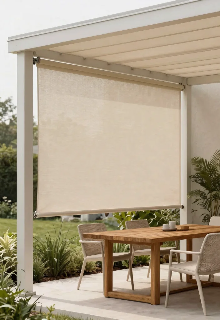 17 Romantic Outdoor Pergola Curtain Ideas Resort Style 10. Chic Minimalist Blinds 0
