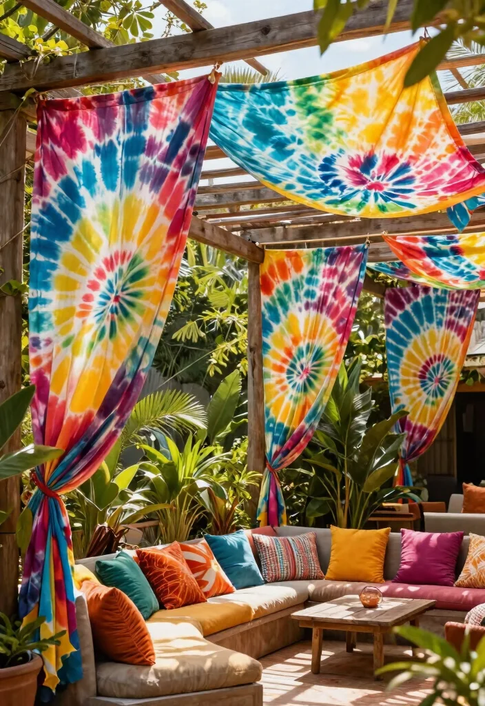 17 Romantic Outdoor Pergola Curtain Ideas Resort Style 14. Artistic Tie Dye Patterns 0