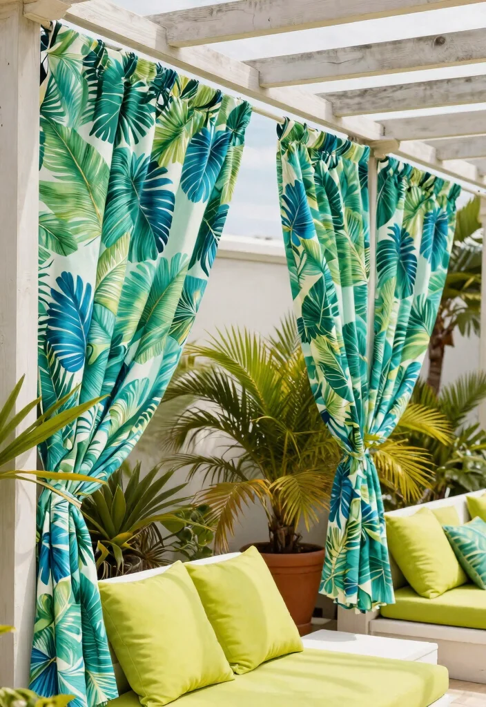 17 Romantic Outdoor Pergola Curtain Ideas Resort Style 16. Tropical Leaf Prints 0