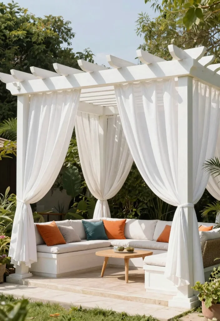 17 Romantic Outdoor Pergola Curtain Ideas Resort Style 17. Classic White Drapes 0