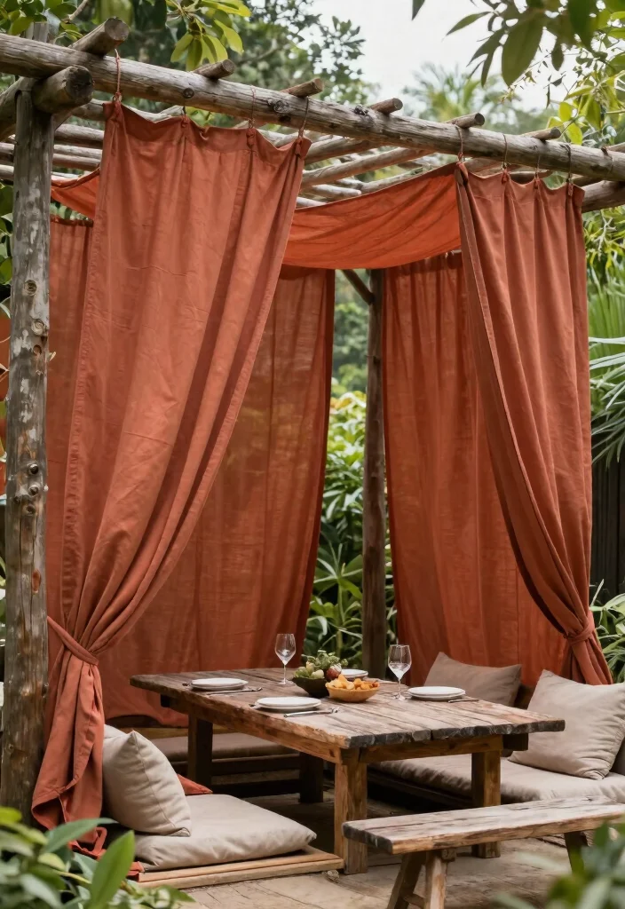 17 Romantic Outdoor Pergola Curtain Ideas Resort Style 3. Rustic Canvas Drapes 0