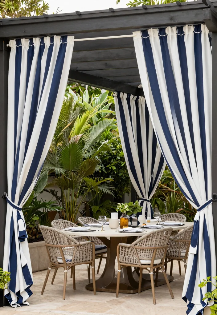17 Romantic Outdoor Pergola Curtain Ideas Resort Style 4. Striped Outdoor Curtains 0