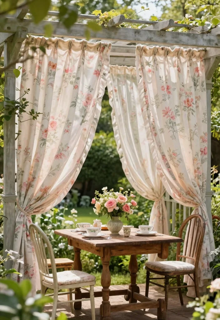 17 Romantic Outdoor Pergola Curtain Ideas Resort Style 5. Vintage Floral Patterns 0